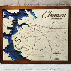 Carte Clemson en Caroline du Sud Svg, carte du lac Svg, carte Glowforge svg, carte laser découpée fichier, carte de la profondeur du lac svg, carte de la profondeur du lac, carte multicouche