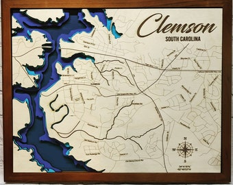 Clemson South Carolina map svg, Lake map Svg, Glowforge map svg, laser map cut file, lake depth map svg, Lake Depth map, multilayer map