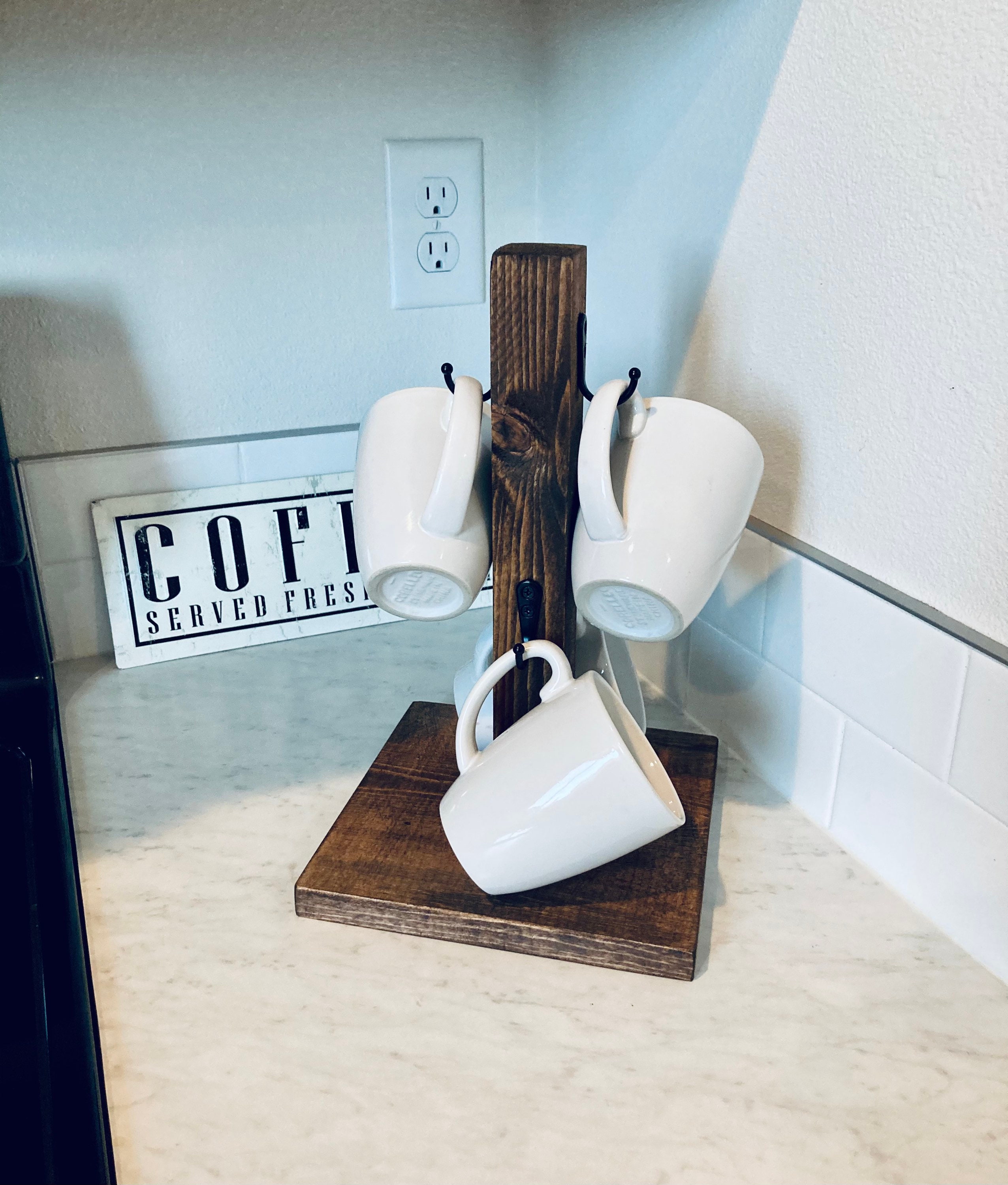 Farmhouse Coffee Mug Tower Rack 4hooks Rustic Walnut Mug Etsy
