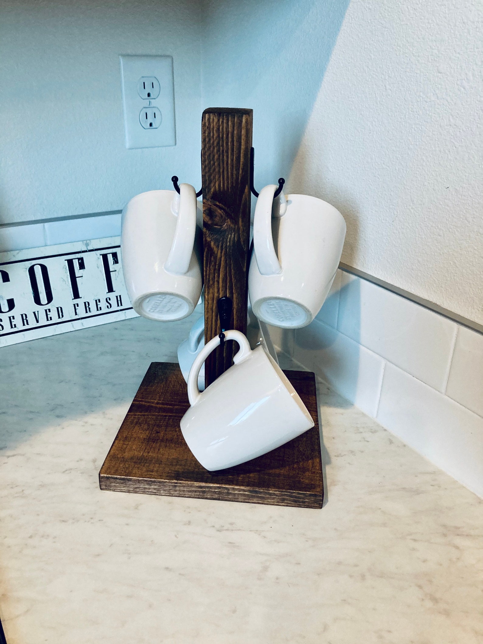 Farmhouse Coffee Mug Tower Rack 4hooks Rustic Walnut Mug Etsy