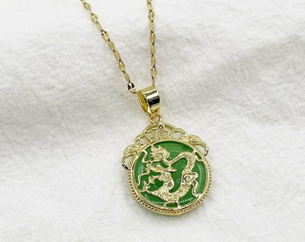 Good fortune (Fu ) Light Green Jade Dragon Pendant Necklace