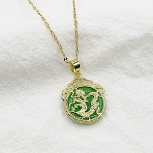 Good fortune (Fu ) Light Green Jade Dragon Pendant Necklace