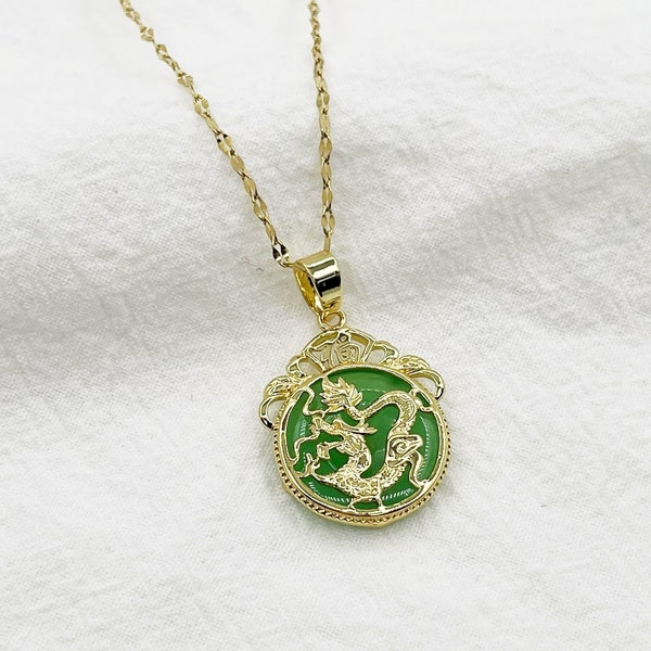 Good fortune (Fu ) Light Green Jade Dragon Pendant Necklace