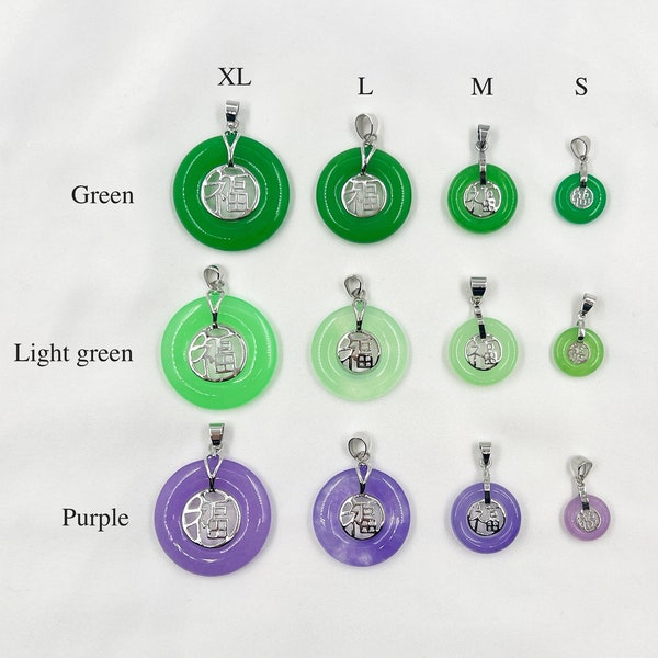 Good fortune Fu green, purple Jade pendant necklace, White Gold Plated silver
