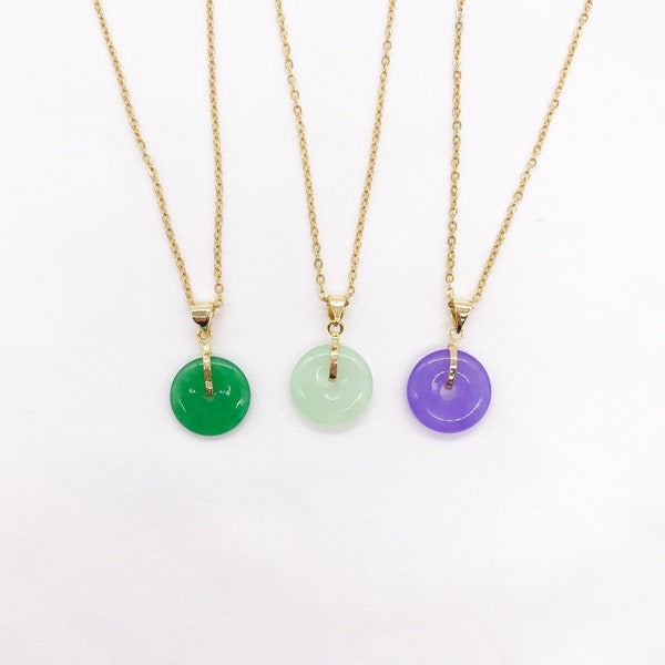 Lucky green Light green purple Jade Circle Peaceful Buckle Pendant Necklace, Gold Plated