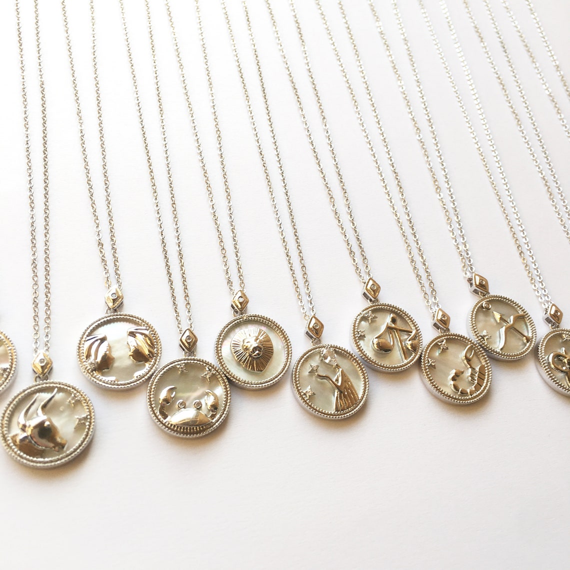 Silver Tone Zodiac Sign Mother of Pearl Shell Coin Necklace Etsy