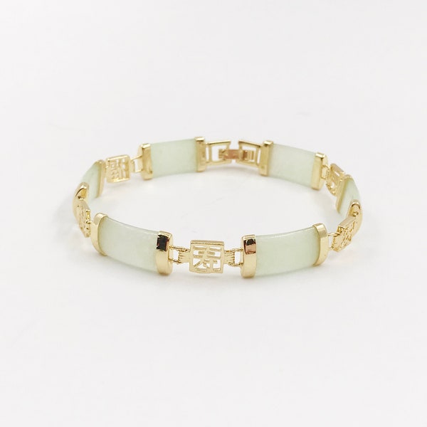 Chinese Characters Good Fortune Light Green Jade Link Bracelet