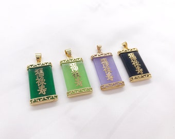 Genuine Dainty Good Fortune Luck Fu Lu Shou  Green Jade Pendant Necklace