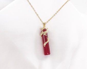 18K Gold Plated Red Agate Carnelian Dragon Pendant Necklace