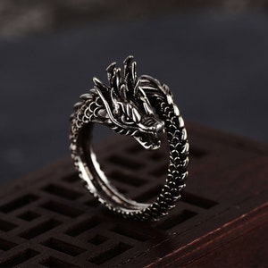 Dragon Ring Unisex Vintage  Silver Dragon Ring Carved surface Adjustable Opening Ring For Men & Women Size 4.5–13