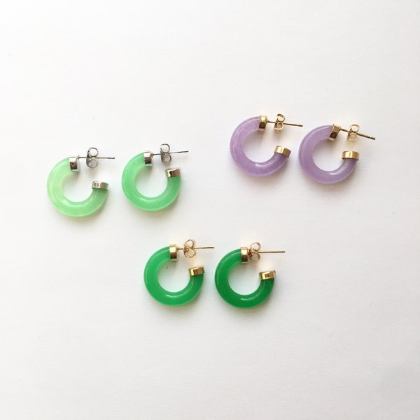 White Gold plated/ Gold plated Green, Purple Jade Circle Hoop stud Earrings, Jade Earring