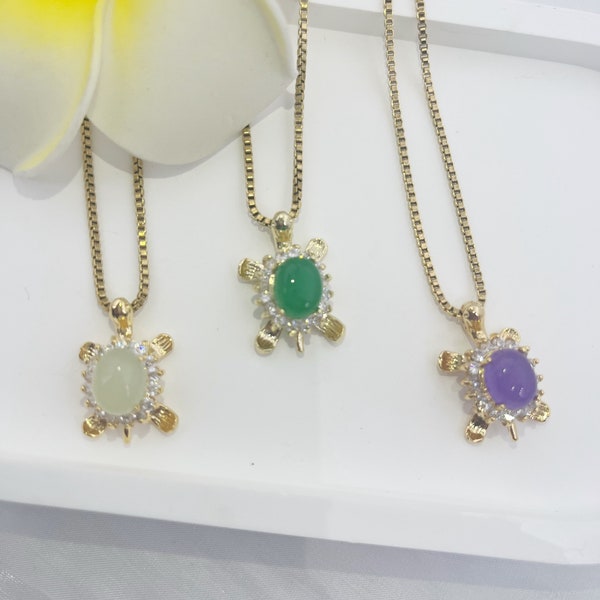 Green Jade Gold plated  turtles Pendant Necklace silver plated turtle necklace purple light green ,good for gift.