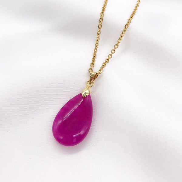 Genuine Pink Jade Teardrop Pendant Necklace, Gold Plated