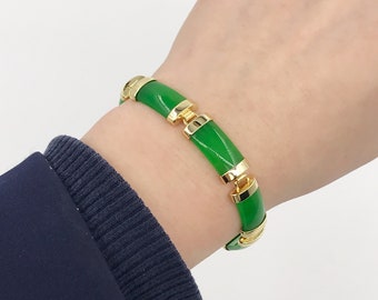 Green Rectangle Jade bar Link Bracelet, Gold Plated