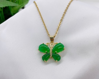 Genuine Green Cute Jade butterfly pendant Gold plated chain necklace