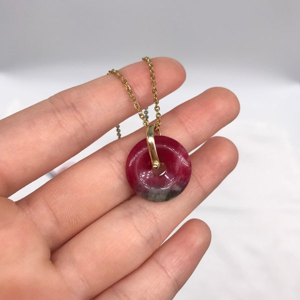 Good Fortune Pink Jade  Circle Donut  Pendant Necklace