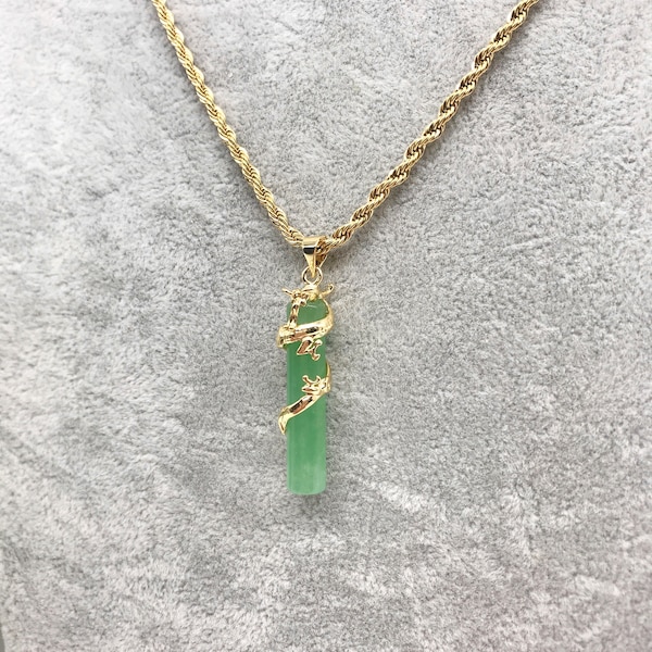 18K Gold Plated pea Green Jade Dragon Pendant Necklace with Gold Plated Rope Chain