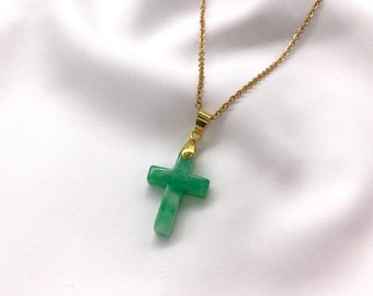 Genuine Green Jade Cross Pendant Necklace, Gold Plated, White Gold Plated, Lucky Gift