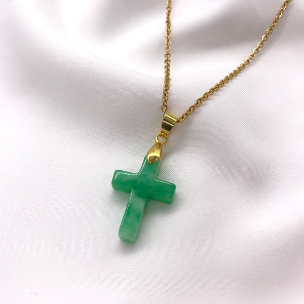 Genuine Green Jade Cross Pendant Necklace, Gold Plated, White Gold Plated, Lucky Gift