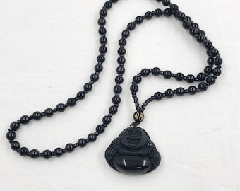 Black Obsidian laughing happy Buddha Pendant Necklace, Obsidian beaded necklace