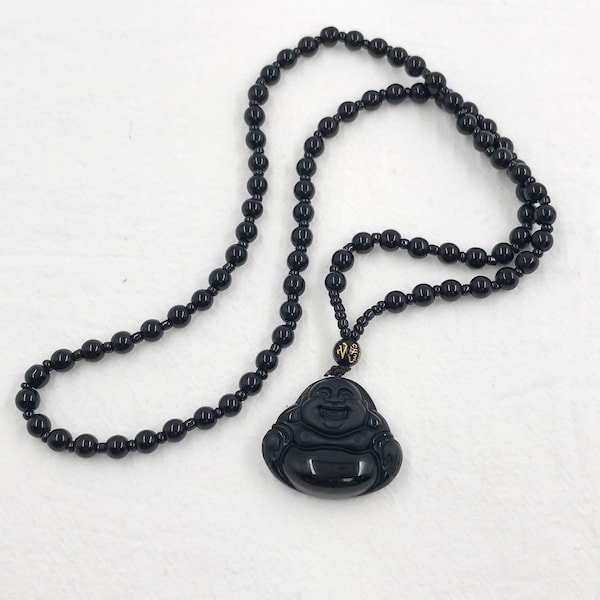 Collier pendentif Bouddha rieur en obsidienne noire, collier de perles d'obsidienne