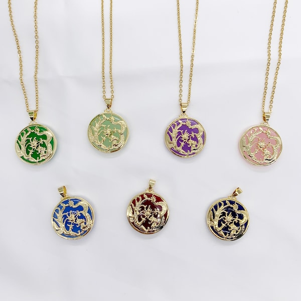 Gold plated Green/ Purple Jade Dragon, Phoenix Circle Disc Pendant Necklace, Lucky gift