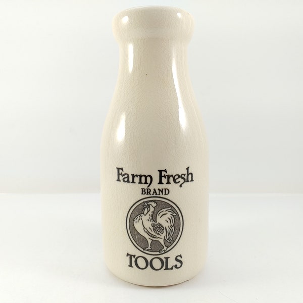 FARM FRESH Brand Tools BEIGE Ceramic Milk Bottle Vase Farmhouse Decor Rooster Chicken Dairy French Country Decor