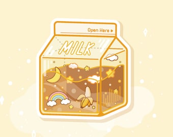 Starry Banana Milk Sticker: Colourful Die-Cut, Water-Resistant