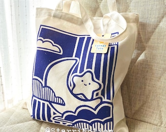 Starry Night Canvas Tote Bag: Purple-Blue Illustration, Eco-Friendly School Bag