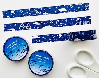 Taśma Washi Blue Sky Doodle - Taśma Washi Cute Starry Night - Naklejki do Bullet Journal