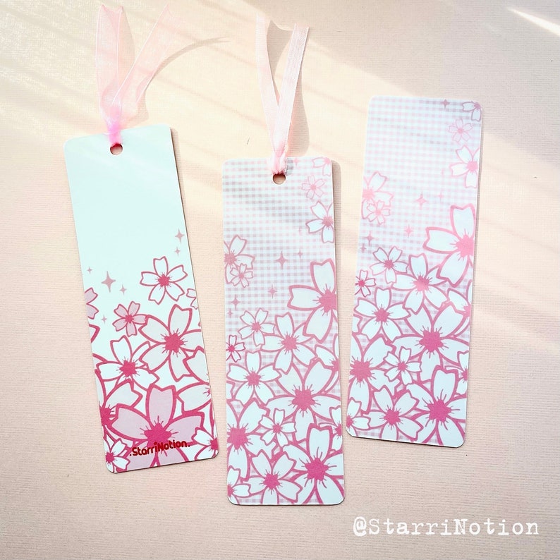 Cherry Blossom Bookmark: Pink Sakura, Glossy Laminated Cardstock image 1