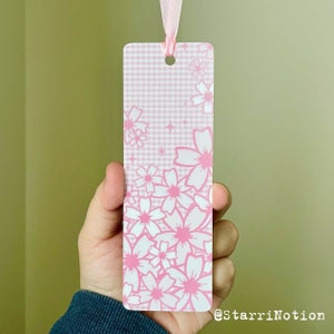 Cherry Blossom Bookmark: Pink Sakura, Glossy Laminated Cardstock Pink Satin Ribbon