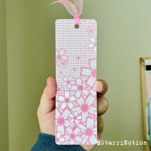 Cherry Blossom Bookmark: Pink Sakura, Glossy Laminated Cardstock Pink Sheer Ribbon