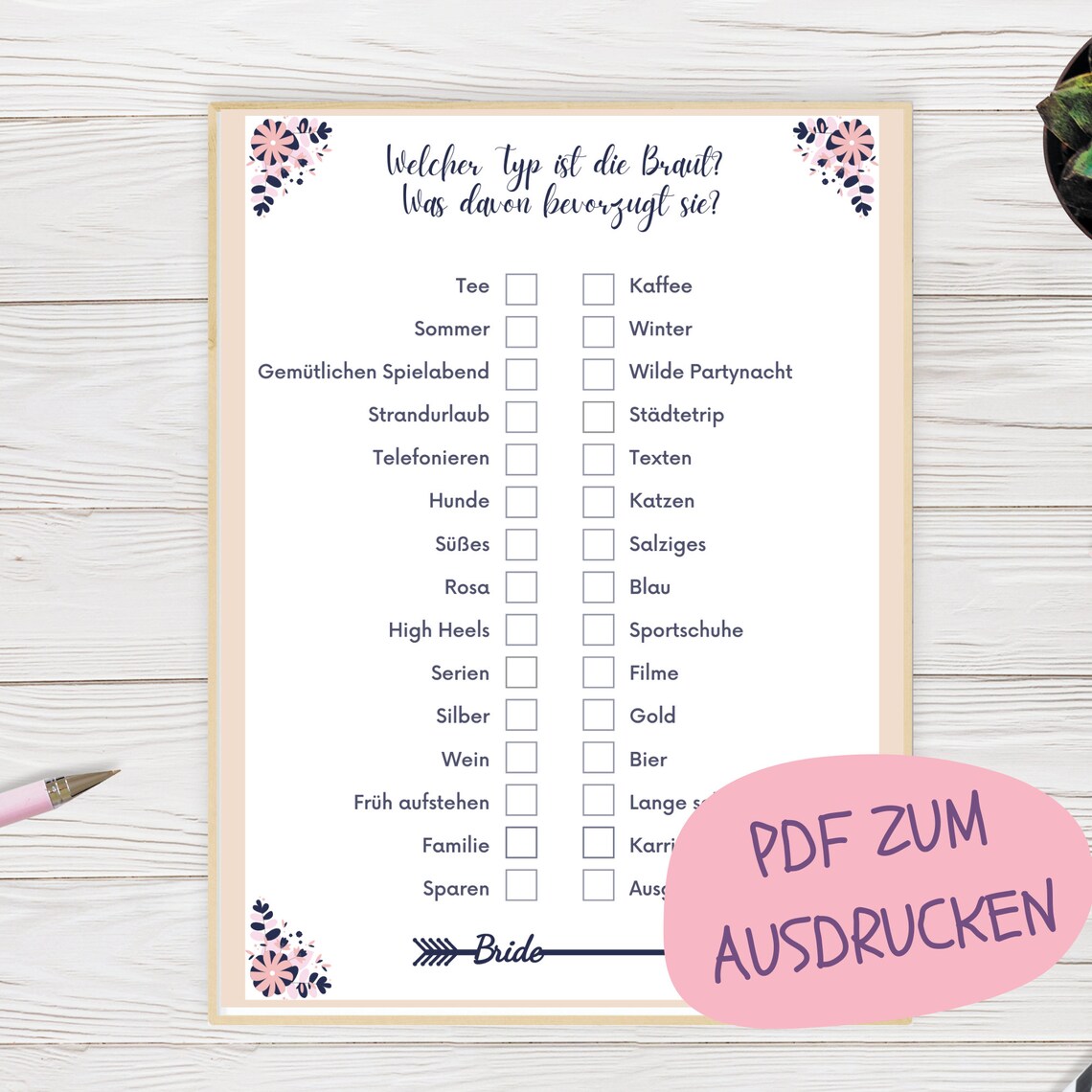 Braut Quiz Junggesellinnenabschied JGA Spiele Was bevorzugt | Etsy