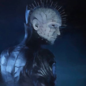 May include: A portrait of a character with pale skin, a shaved head with metal pins, and a black leather-like outfit. The character is set against a dark blue background, creating a dramatic and ominous atmosphere. The image evokes a sense of horror and mystery.