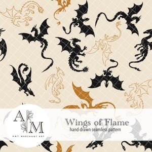 May include: A hand-drawn seamless pattern with black and gold dragon silhouettes on a cream background with a grid. The dragons are in various poses. The text "Wings of Flame" and "hand-drawn seamless pattern" is also visible.