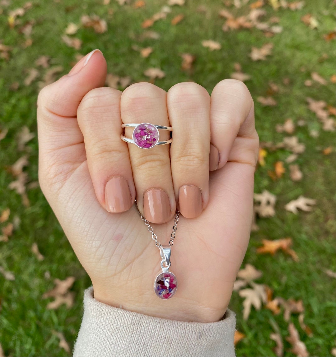 Funeral Flower Keepsake Jewelry Set Memorial Flower Ring & Necklace