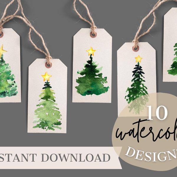 Watercolor holiday tags Christmas tree Printable Gift tags DIY Holiday Art Christmas Tree Label Simple Gift Tag Instant Download Tags