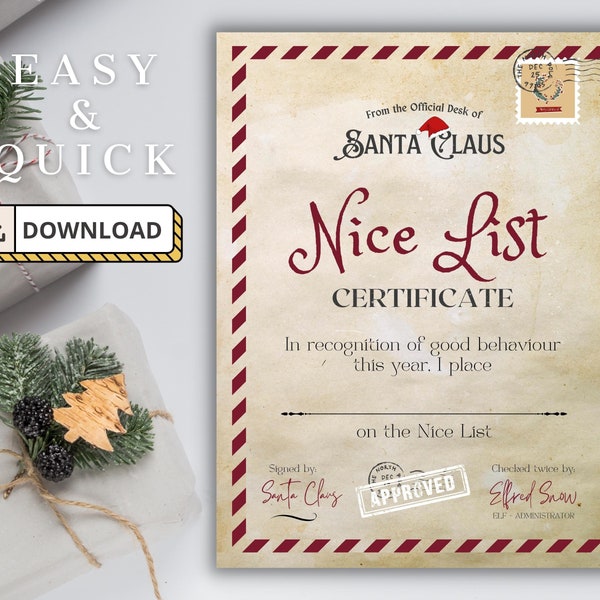 Instant Download Editable Santa Nice List Certificate, Personalised Nice List from Santa, Printable Template Santa Certificate