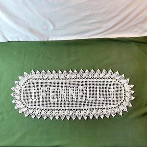 personalized doily with border, filet crochet name doily, handmade Anniversary gift, custom name doily, wall decor, 9 inch last name doily