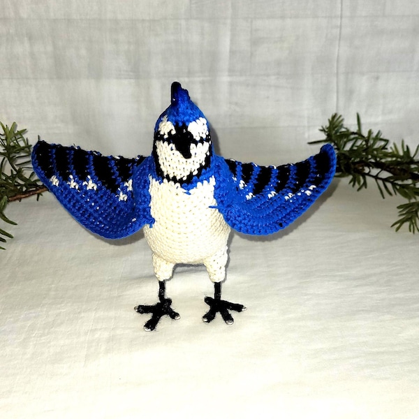 Crocheted Blue Jay Bird Ornament, Realistic bird figurine,