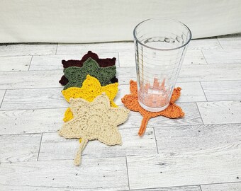 Crochet maple leaf coasters for Thanksgiving table decor gift for hostess home