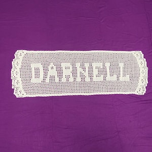 personalized doily, filet crochet name doily, handmade Anniversary gift, custom name doily, wall decor, 9 inch last name doily, 4inch letter