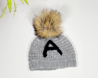 Monogram Crochet Beanie: Personalized Pom Pom Winter Hat, family matching beanies,