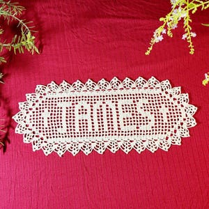 personalized doily with border, filet crochet name doily, handmade wedding gift, custom name doily, shabby chic wall decor, last name doily