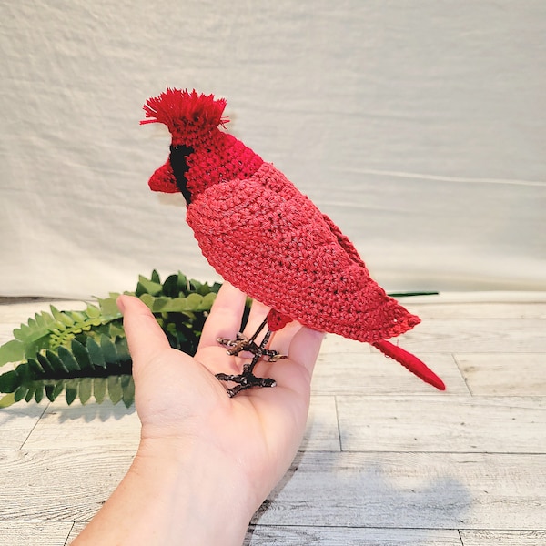 Crocheted Cardinal Bird Figurine, Cotton Yarn Garden Art, 6-inch-Tall Red Bird Home Decor