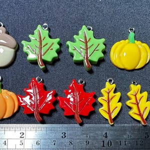 May include: A collection of fall-themed charms, including an acorn, green leaves, pumpkins, and red, yellow, and orange leaves. Each charm has a silver loop for attaching to jewelry or crafts. The charms are arranged on a dark blue surface.