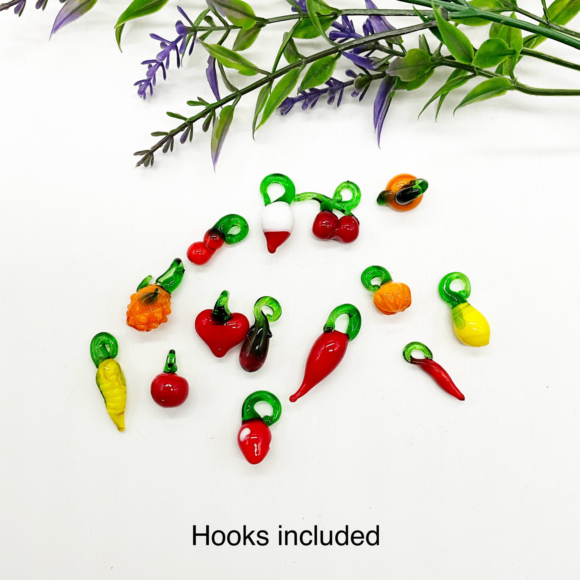 Art glass 14 miniature lampwork veggies and fruit ornaments set of 12 for tabletop minitree dollhouse or fairy gardens
