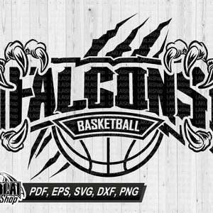 Puede incluir: Diseño gráfico en blanco y negro de una pelota de baloncesto con la palabra "FALCONS" en una fuente con forma de garra y la palabra "BASKETBALL" debajo de la pelota.