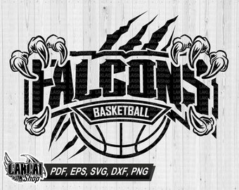 May include: Black and white graphic design of a basketball with the word "FALCONS" in a claw-like font and the word "BASKETBALL" below the ball.